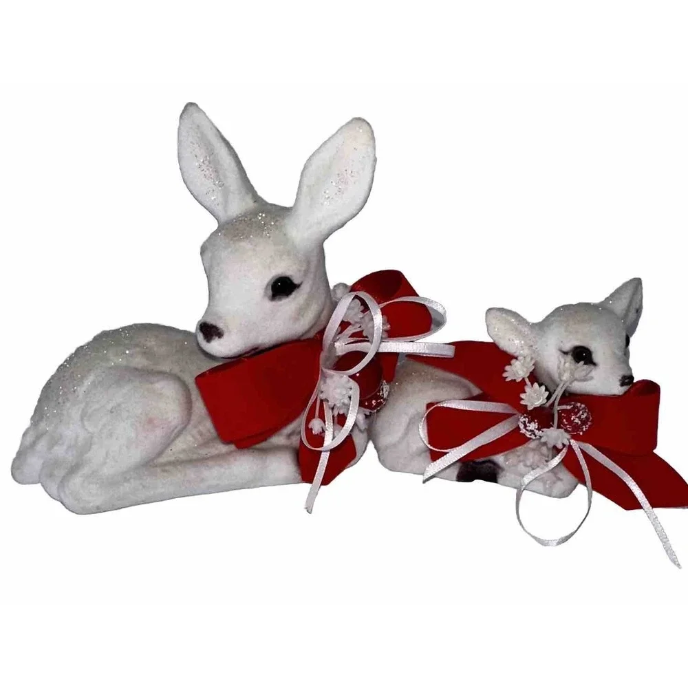 Vintage White Flocked Christmas Decorations Deer Set